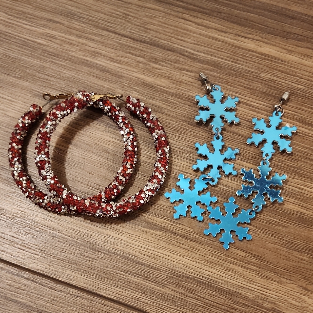 Red Glitter Hoop Earrings and Blue Snowflake Earrings